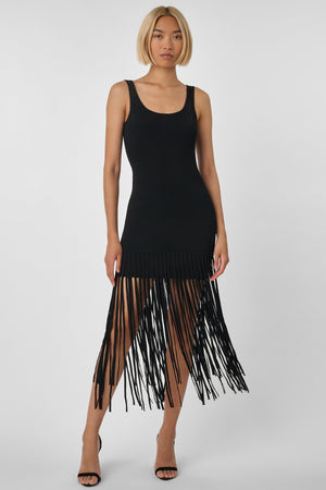 Roxanne Scoop Neck Mini Dress With Fringe Black - Toccin