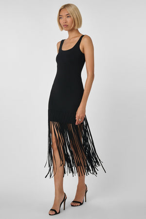 Roxanne Scoop Neck Mini Dress With Fringe Black - Toccin