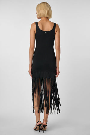 Roxanne Scoop Neck Mini Dress With Fringe Black - Toccin