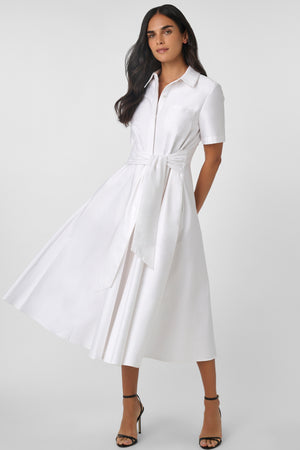 MEGAN SHORT SLEEVE TIE-FRONT MIDI SHIRT DRESS - Toccin