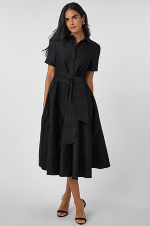 MEGAN SHORT SLEEVE TIE-FRONT MIDI SHIRT DRESS - Toccin