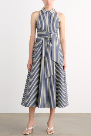 CHELSEA SLEEVELESS TIE-FRONT MIDI SHIRT DRESS WITH EMBELLISHMENT