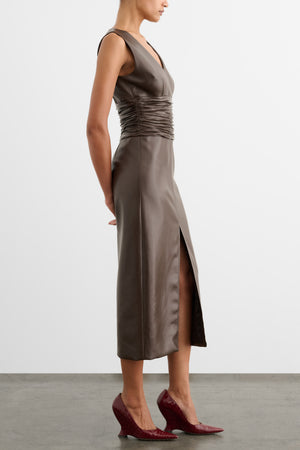 FABIANA V-NECK RUCHED MIDI DRESS