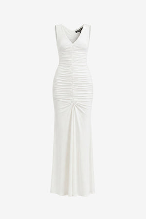 INEZ SLEEVELESS V-NECK RUCHED MIDI DRESS - Toccin