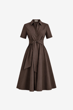 MEGAN SHORT SLEEVE TIE-FRONT MIDI SHIRT DRESS