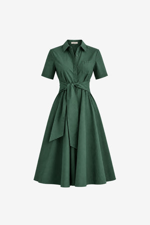 MEGAN SHORT SLEEVE TIE-FRONT MIDI SHIRT DRESS