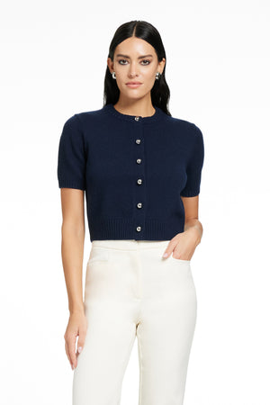 CASHMERE BLEND SHORT SLEEVE CROPPED SLIM FITTING CREWNECK CARDIGAN - Toccin