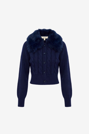RITA CABLE KNIT CARDIGAN WITH FUR COLLAR - Toccin