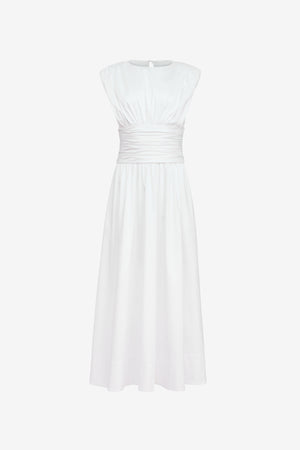 EVANGELINE STRONG SHOULDER RUCHED MIDI DRESS - POS - Toccin