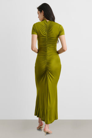 GRACELYN MOCK NECK SHORT SLEEVE RUCHED MIDI DRESS - Toccin