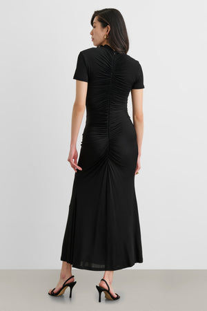 GRACELYN MOCK NECK SHORT SLEEVE RUCHED MIDI DRESS - Toccin