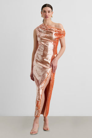 AUDREY ASYMMETRICAL DRAPED MIDI DRESS - Toccin