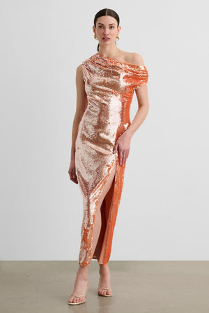 AUDREY ASYMMETRICAL DRAPED MIDI DRESS - Toccin