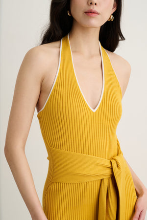 ALLEGRA V-NECK TIE-FRONT HALTER MIDI DRESS - Toccin