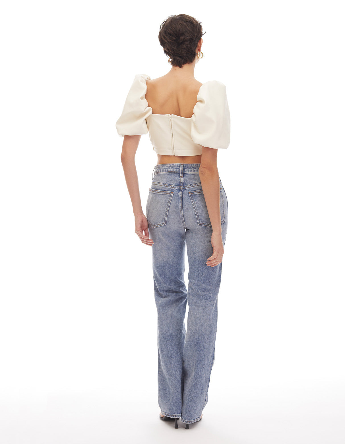 mira faux leather puff sleeve crop top creme cream off white - figure flattering designer fashion day to night tops for women