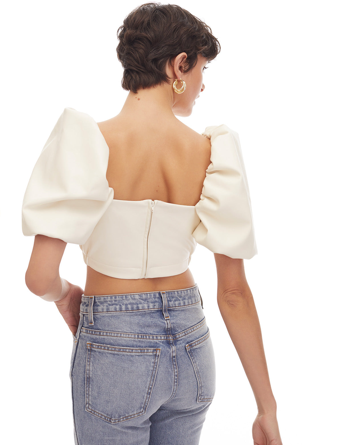 mira faux leather puff sleeve crop top creme cream off white - women's figure flattering designer fashion brunch tops