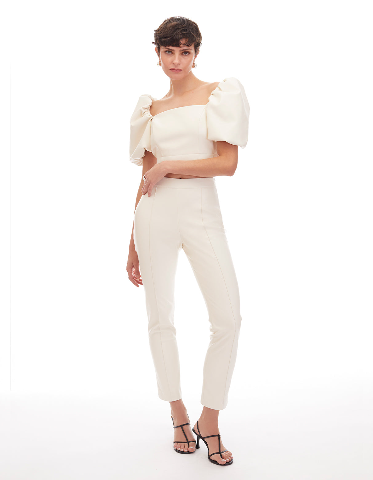 mira faux leather puff sleeve crop top creme off white - figure flattering cute party tops for women