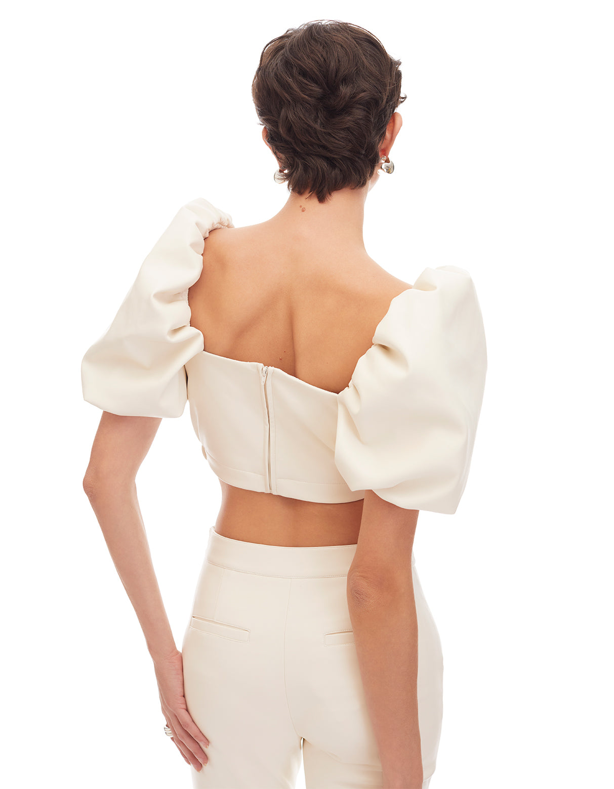 mira faux leather puff sleeve crop top creme cream - figure flattering date night tops for women