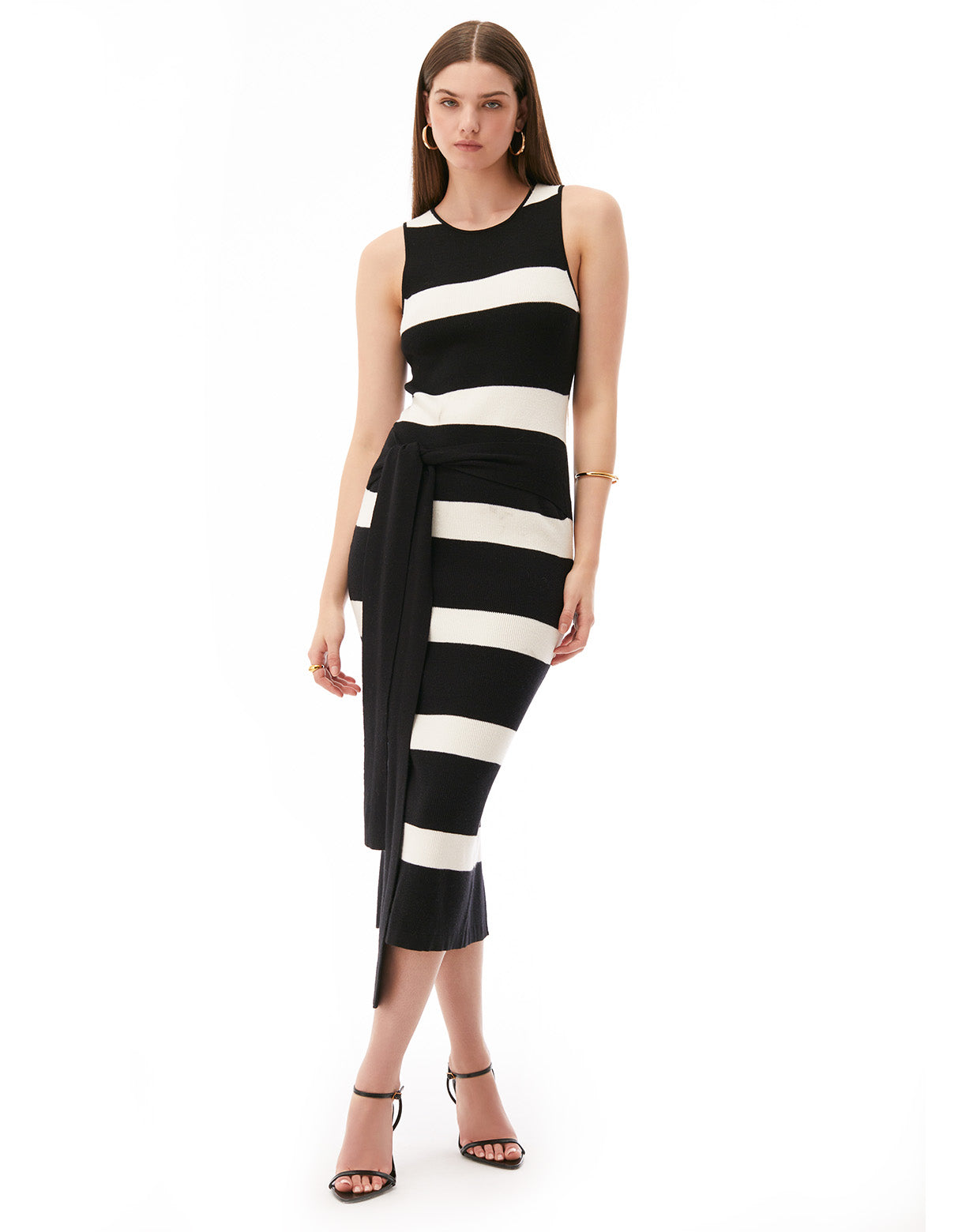 bernadet sleeveless tie front midi knit dress jet black optic white stripe - figure flattering women's office to date night dresses