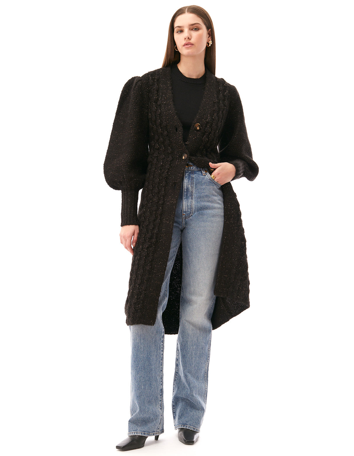 camille popcorn cardi coat black - women's figure flattering long cardigan designer fashion