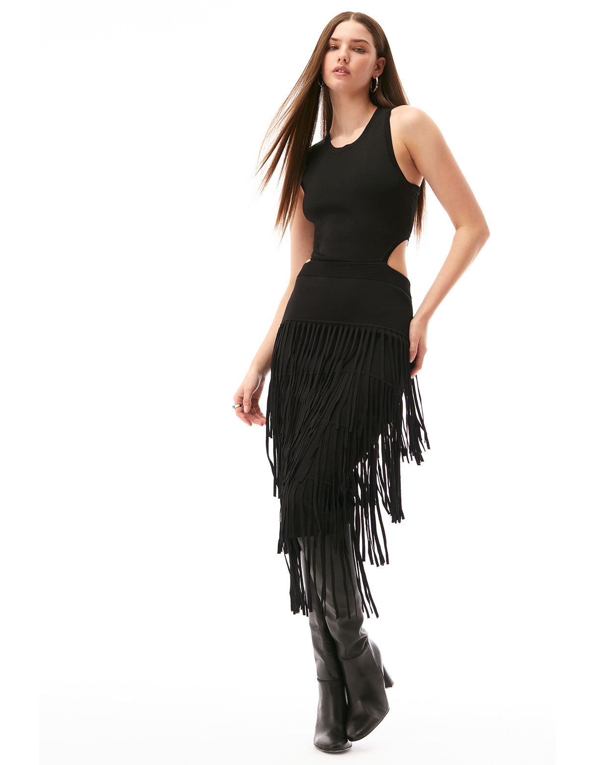 Jemma Fringe Racer Cutout Midi Knit Dress Jet Black - Women's Flattering Designer Fashion Dresses by Toccin