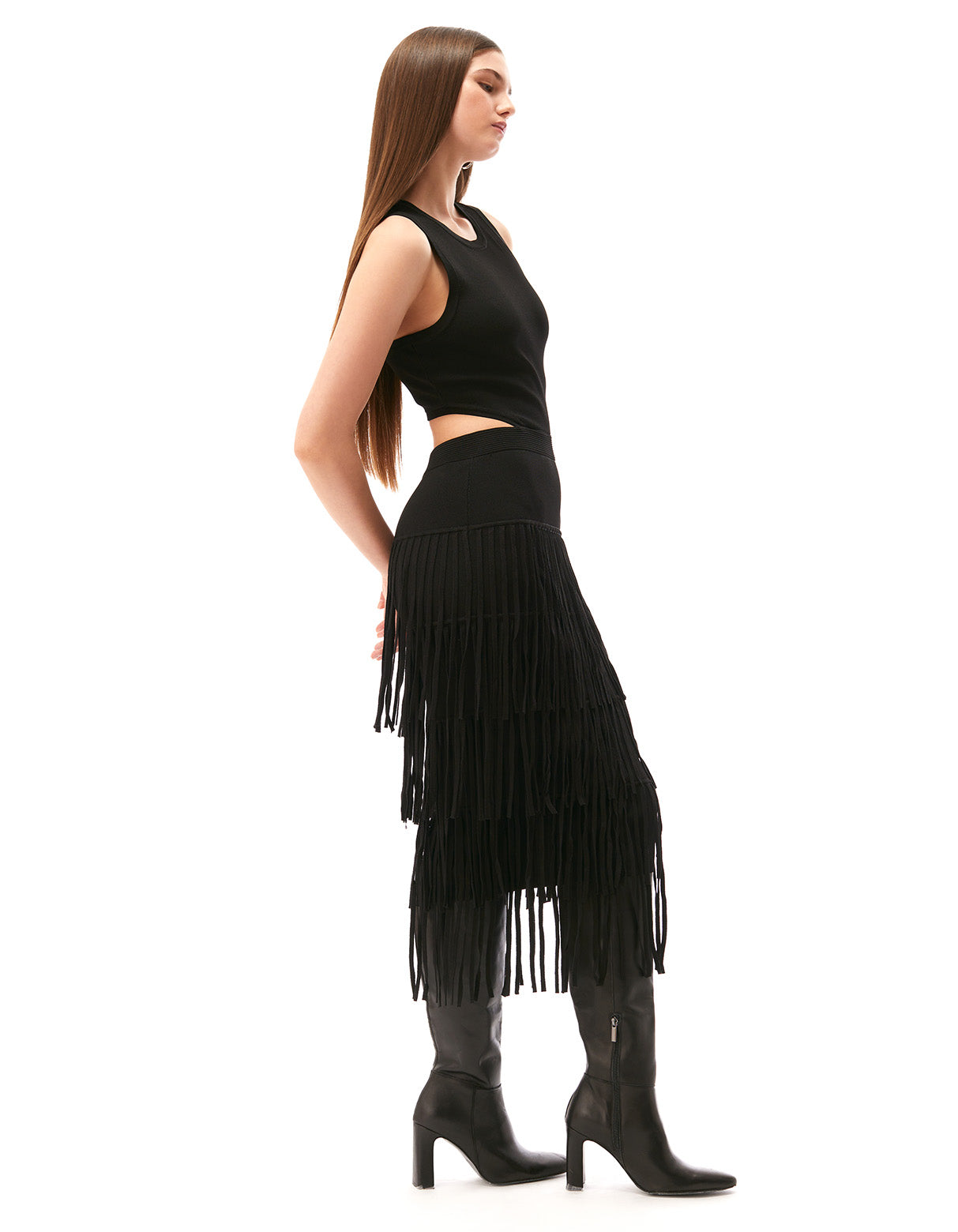 Jemma Fringe Racer Cutout Midi Knit Dress Jet Black - Figure Flattering Office to Date Night Dresses for Women by Toccin
