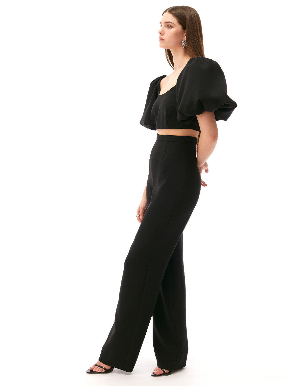 black lexi short puff sleeve jumpsuit - figure flattering designer fashion cute dressy jumpsuits for women