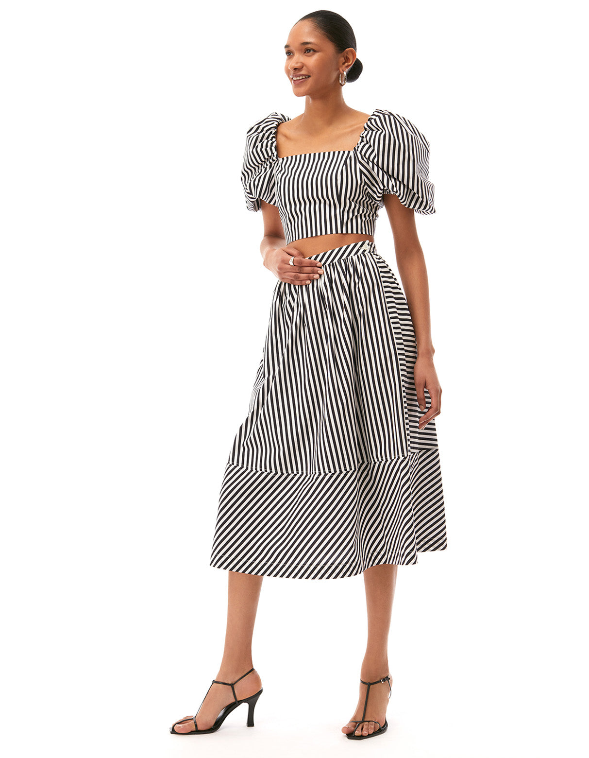 mira puff sleeve crop top jet black optic white stripes - flattering summer garden party tops for women