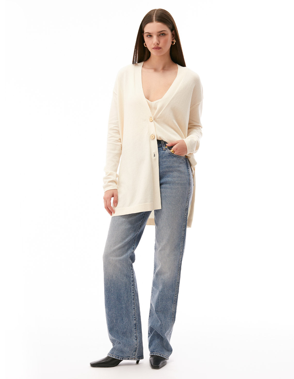 cream off white oversized button front cardigan for women designer fashion by Toccin