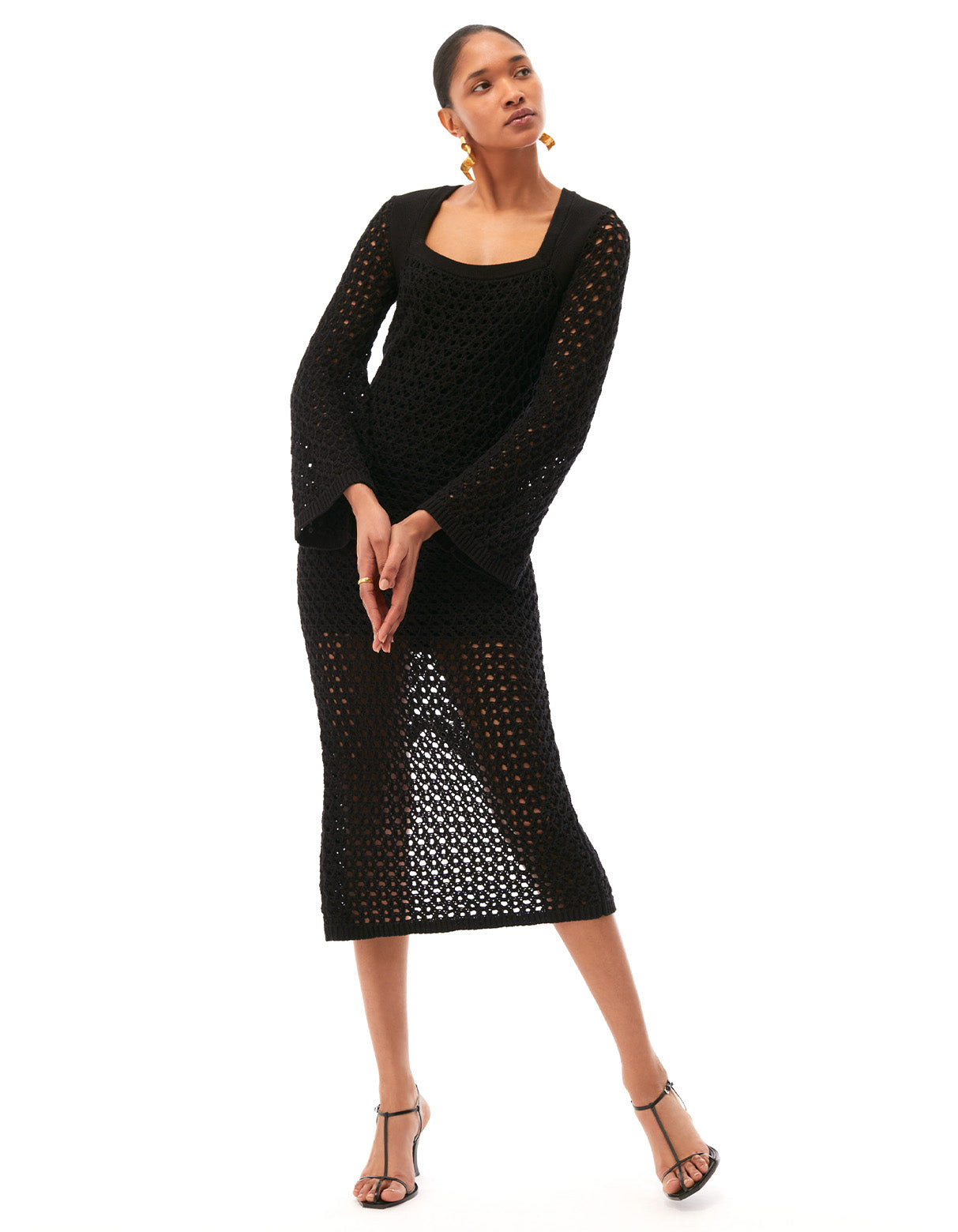 renee long sleeve midi crochet dress jet black - summer cruise wear for women