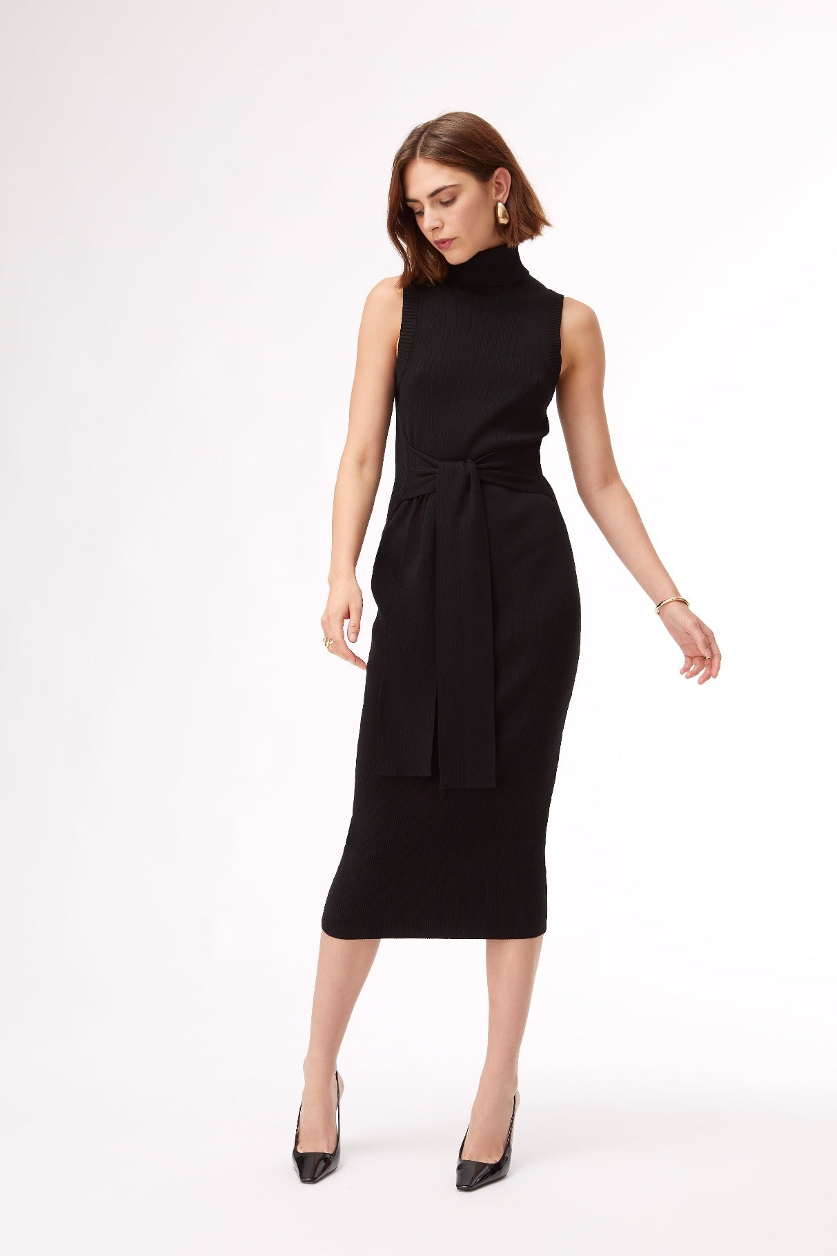 Black rowan knit tie front turtleneck neck midi dress - figure flattering designer fashion work appropriate dresses for women