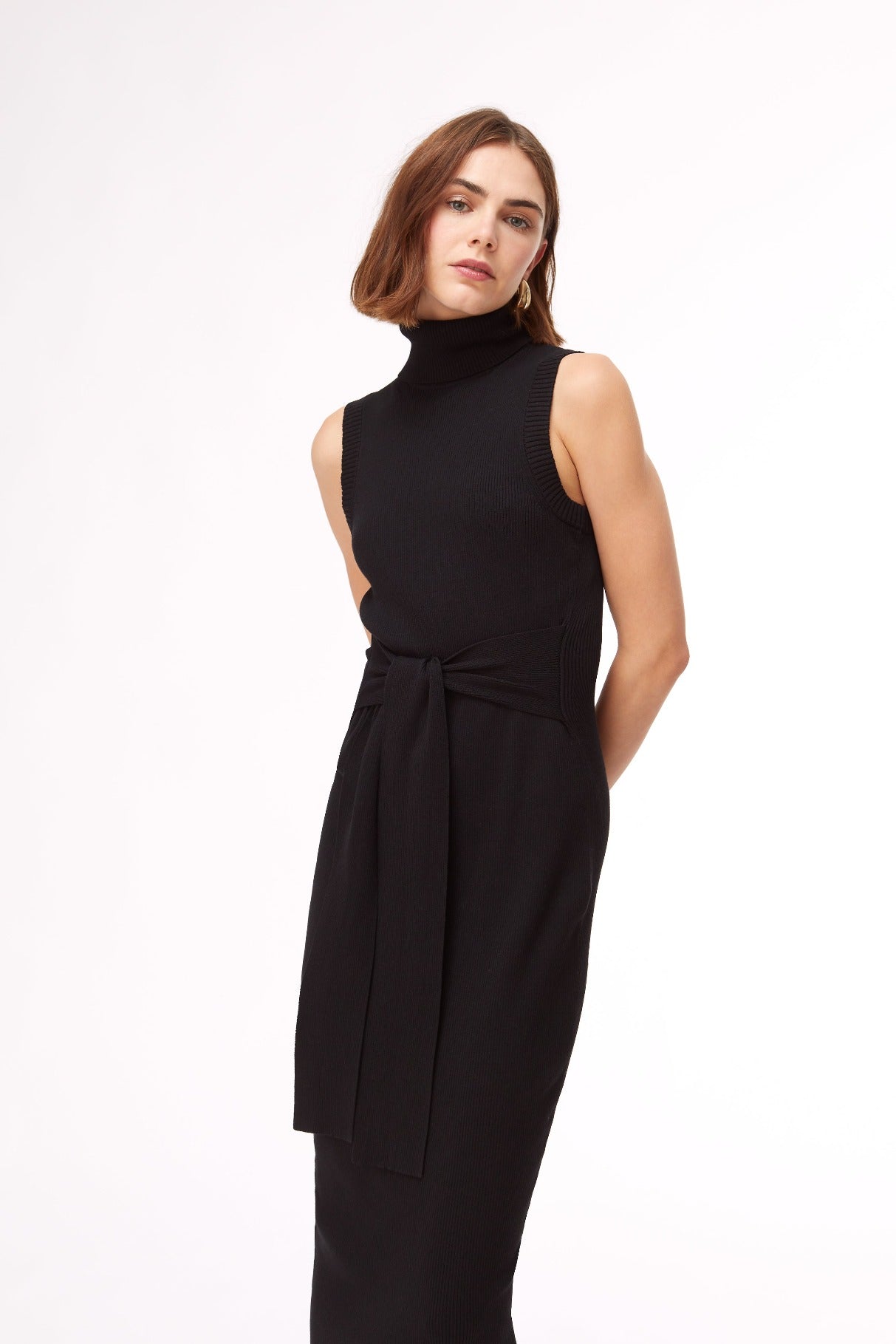 Black rowan knit tie front turtleneck neck midi dress - women's figure flattering designer fashion office to date night dresses 