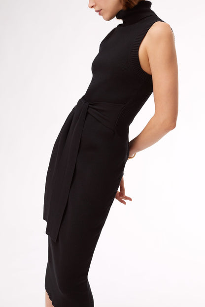 rowan knit tie front turtleneck neck midi dress - figure flattering designer fashion black work dresses for women
