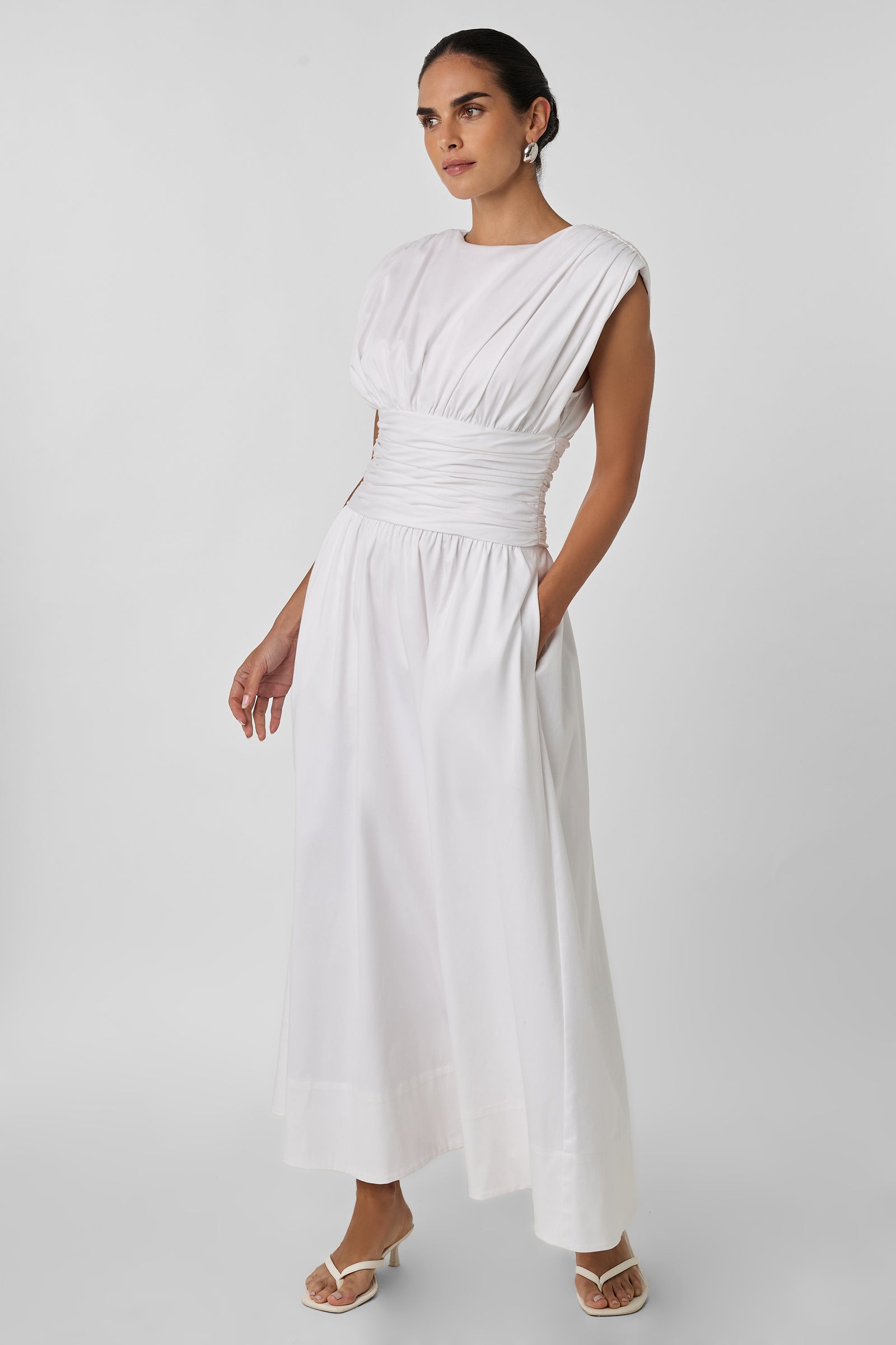 EVANGELINE STRONG SHOULDER RUCHED MIDI DRESS