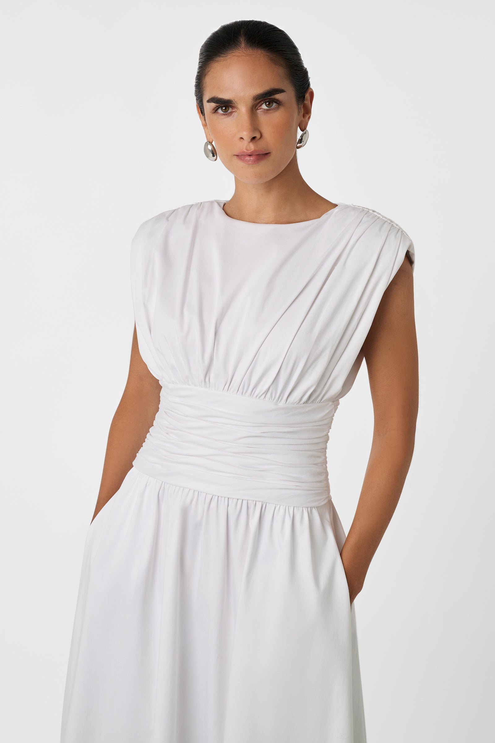 EVANGELINE STRONG SHOULDER RUCHED MIDI DRESS