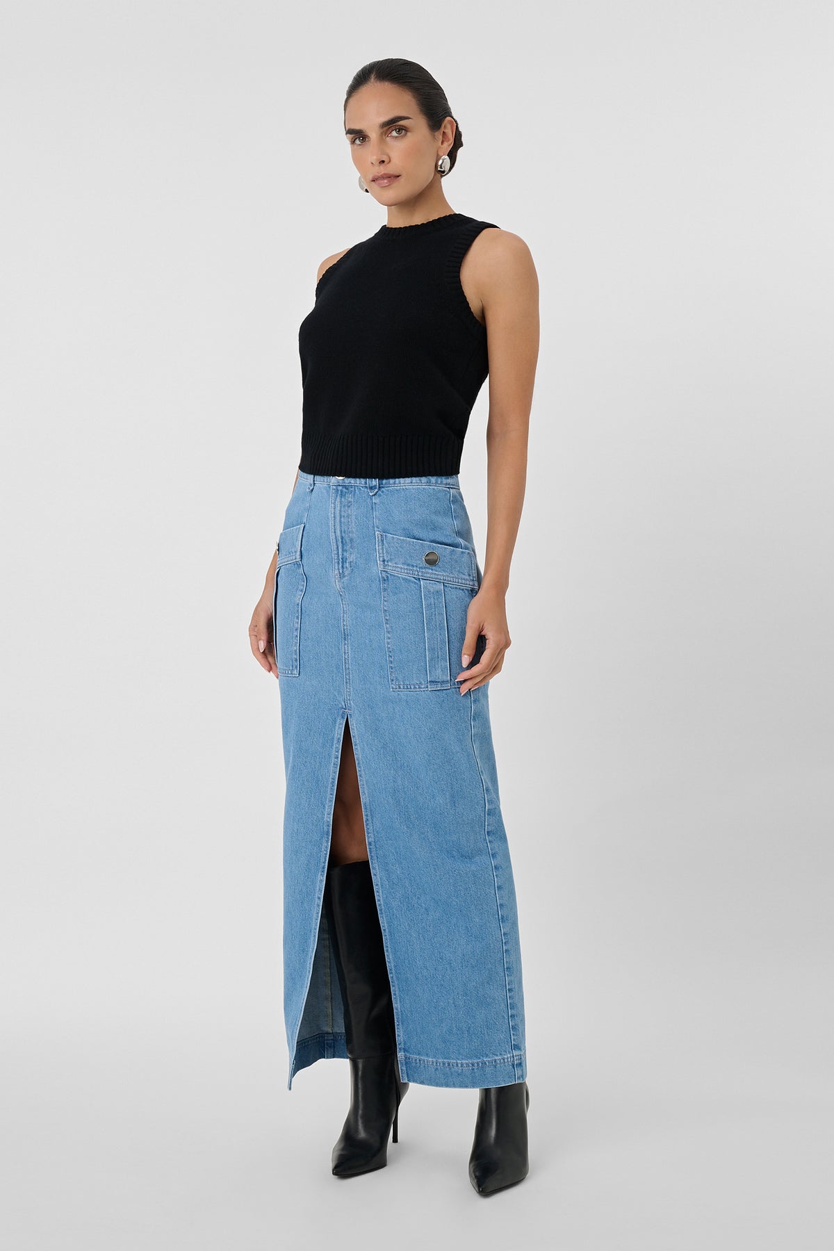Fallon Denim Cargo Midi Skirt - Toccin