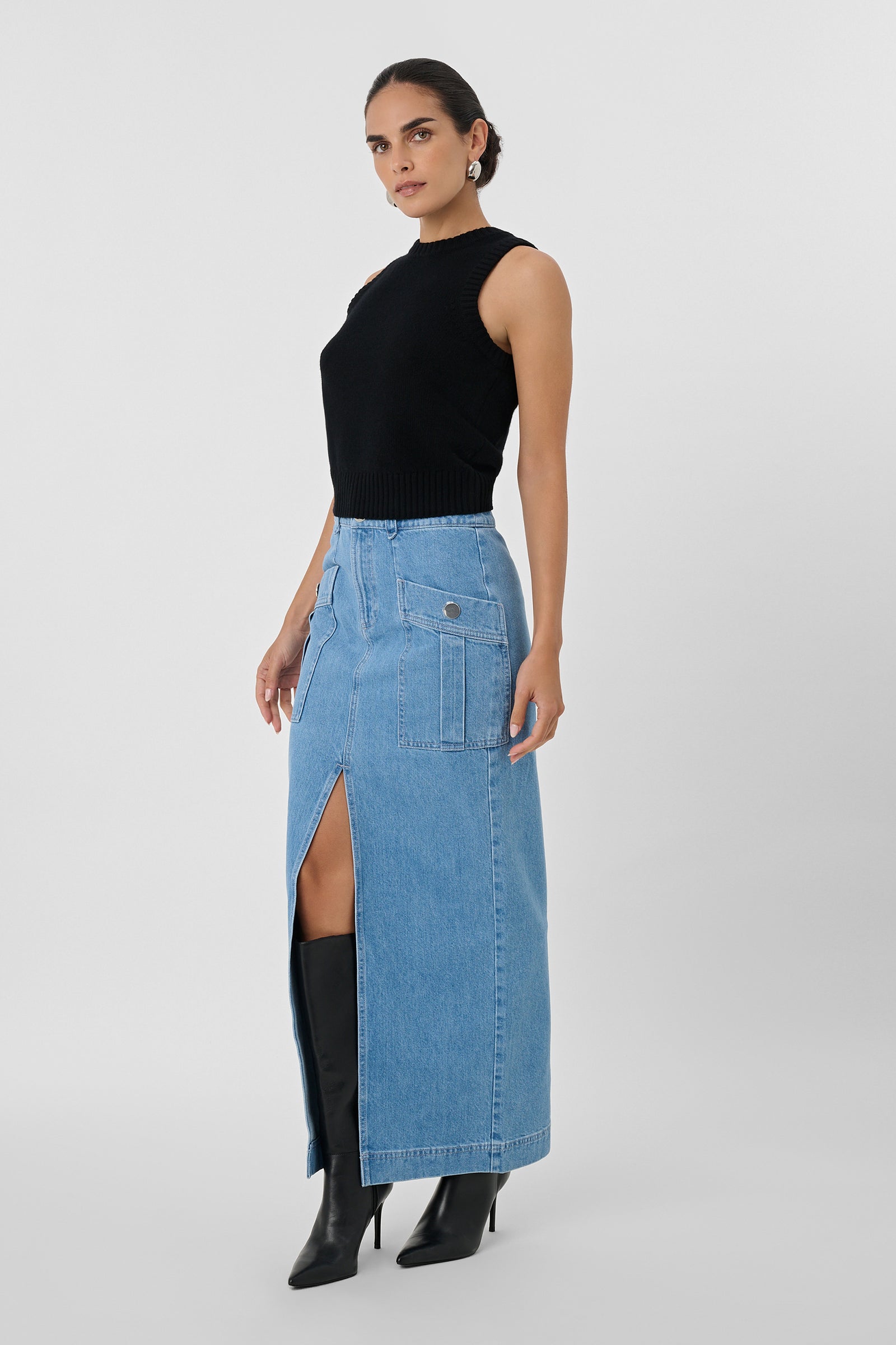 Fallon Denim Cargo Midi Skirt - Toccin