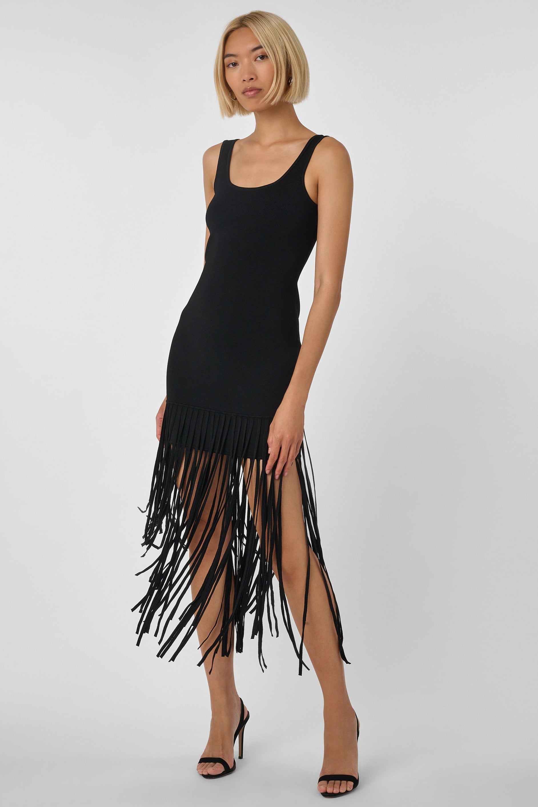 bodycon fringe dress Toccin Women's Roxanne Scoop Neck Mini Dress with Fringe / Size - L / Jet