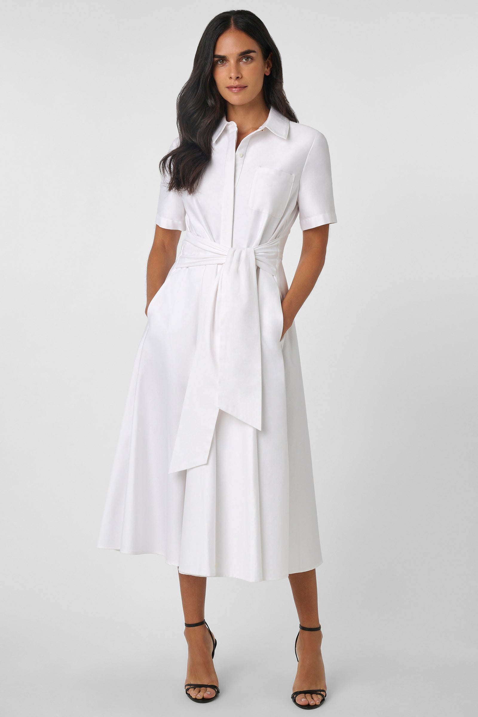 MEGAN SHORT SLEEVE TIE-FRONT MIDI SHIRT DRESS