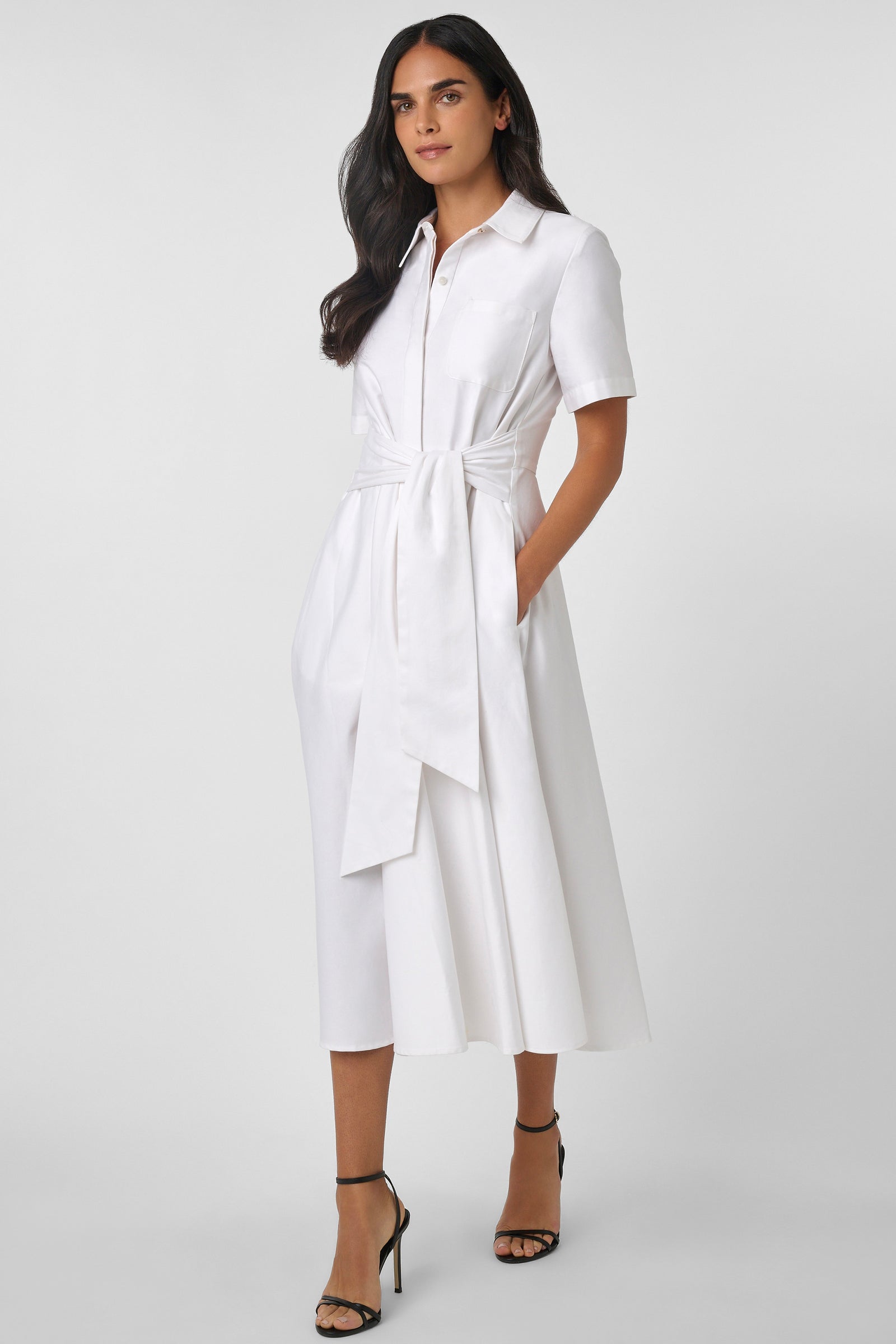 MEGAN SHORT SLEEVE TIE-FRONT MIDI SHIRT DRESS