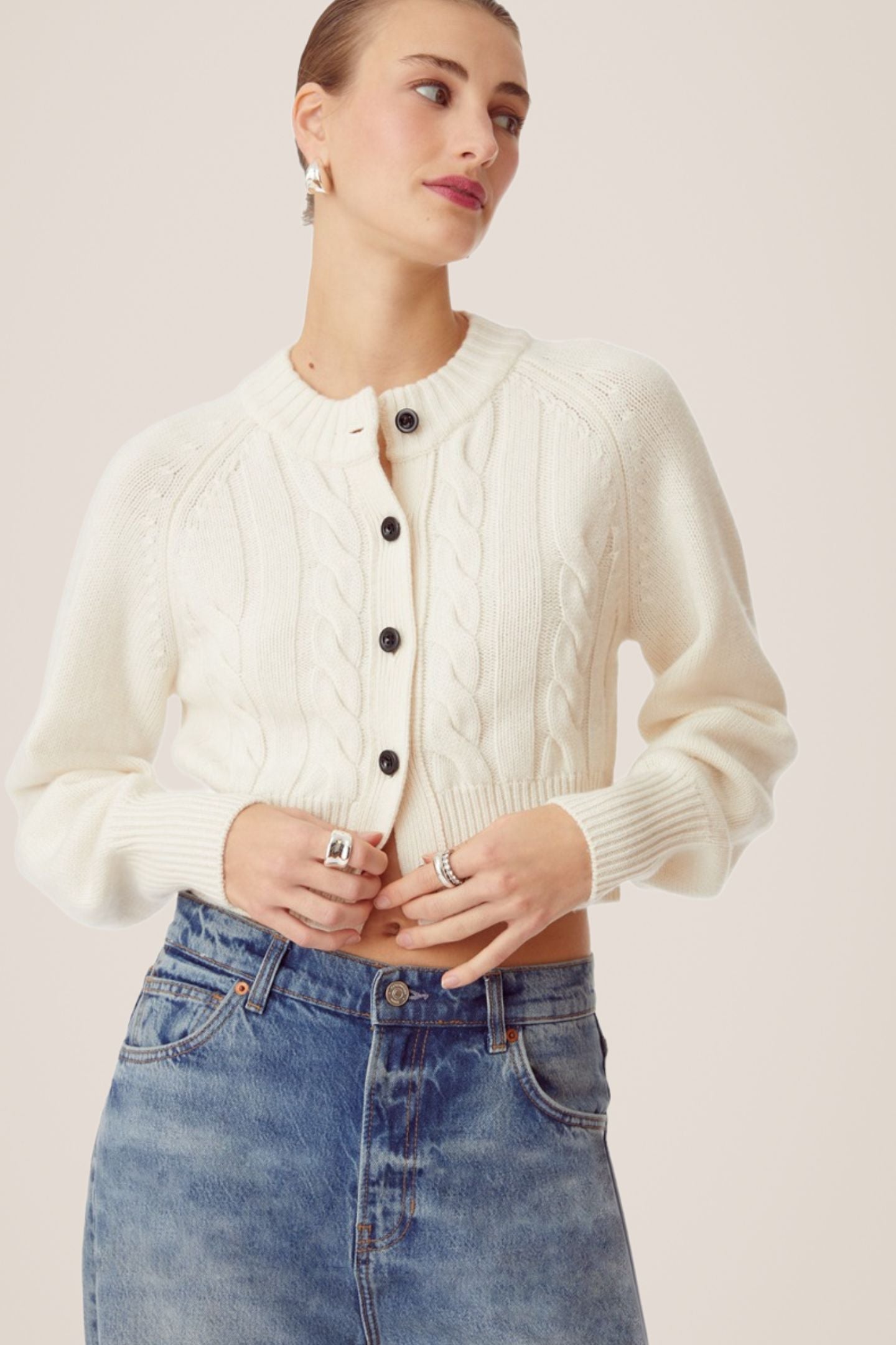 Women's ivory off white rita cropped chunky knit cardigan top - Toccin