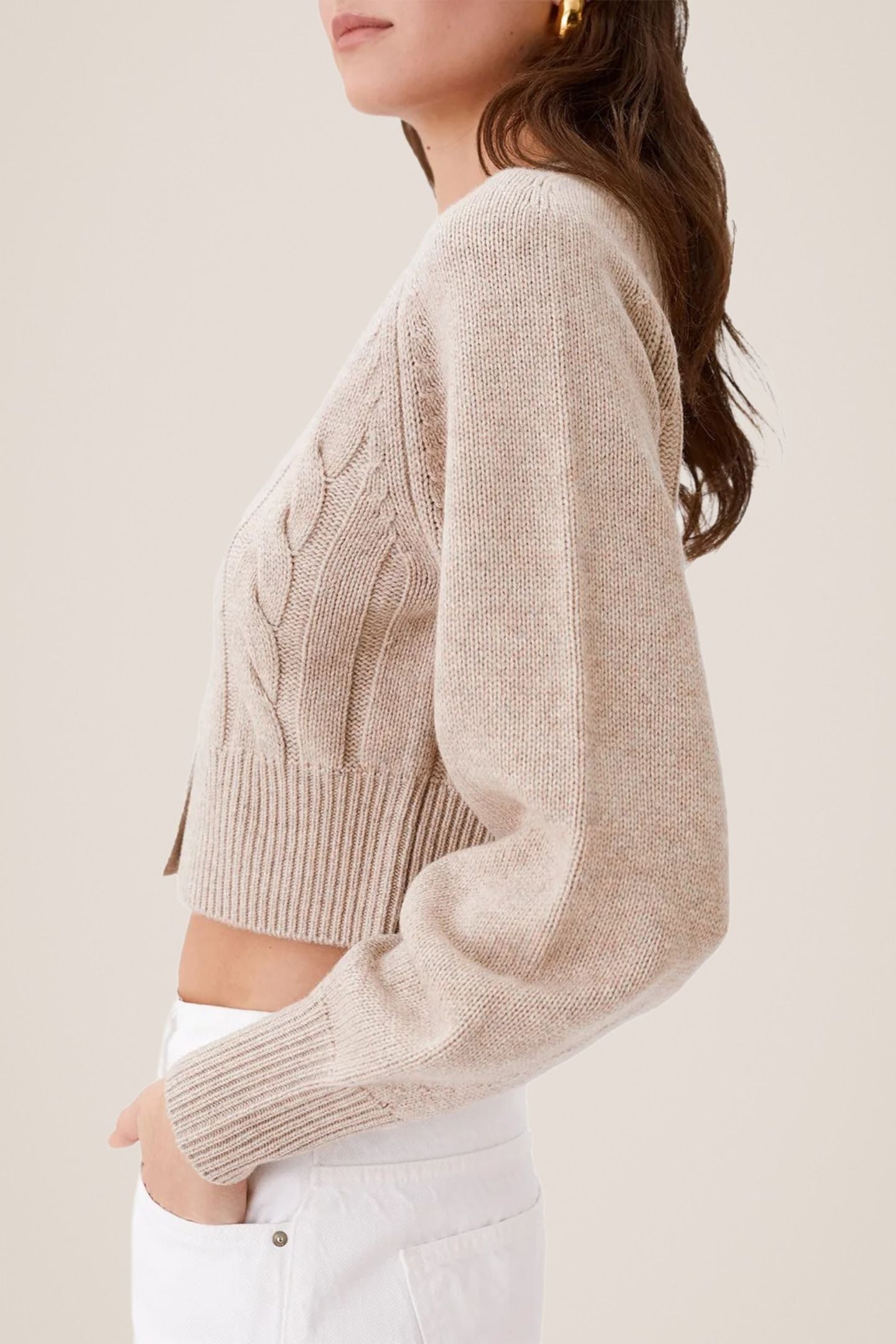 Rita beige cashmere wool chunky knit cropped cardi cardigan - Toccin