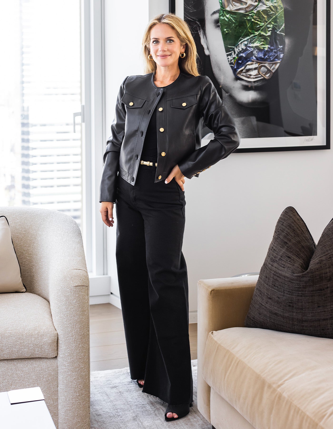 black faux leather gold button jacket and black trouser pants designer fashion for elegant women