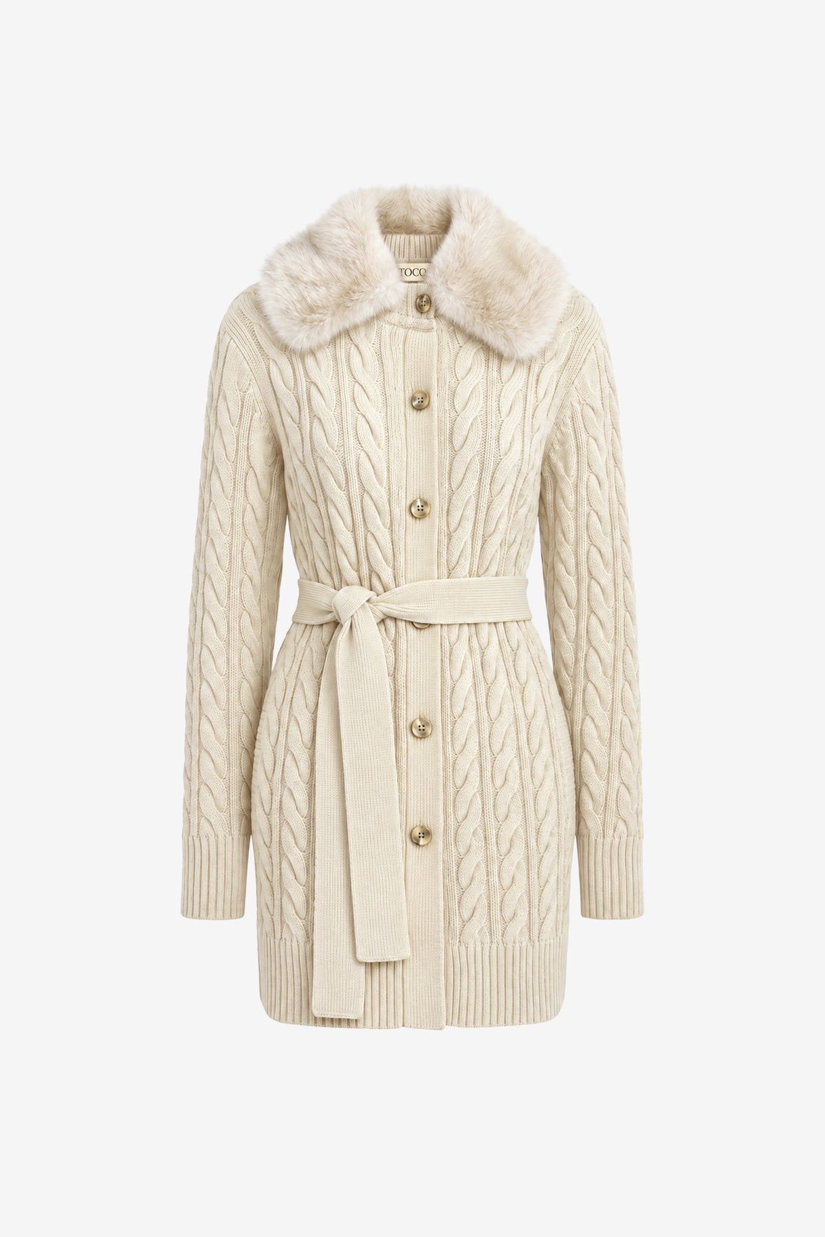 AGATHA BELTED CABLE KNIT CARDIGAN WITH FUR COLLAR