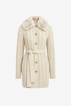 AGATHA BELTED CABLE KNIT CARDIGAN WITH FUR COLLAR