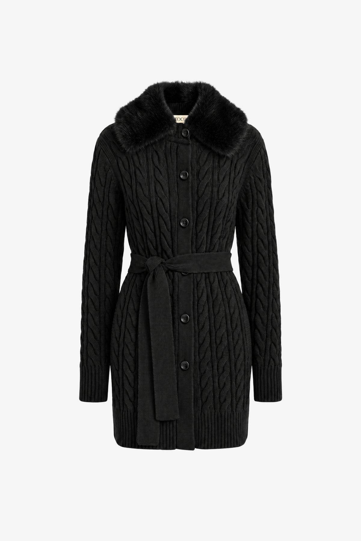 AGATHA BELTED CABLE KNIT CARDIGAN WITH FUR COLLAR