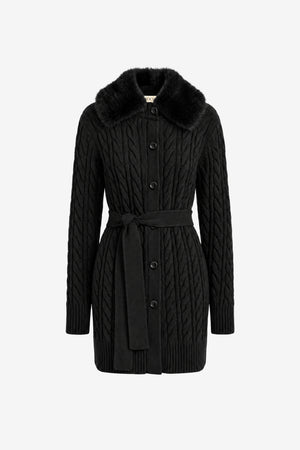 AGATHA BELTED CABLE KNIT CARDIGAN WITH FUR COLLAR