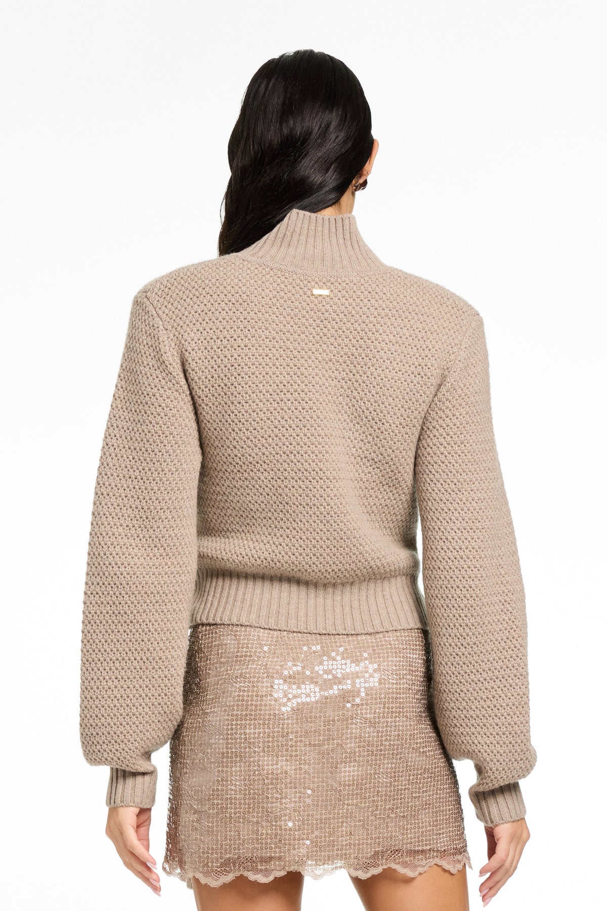 CASHMERE BLEND MOCK NECK TIE FRONT PULLOVER SWEATER WITH PUFFED SLEEVES - Toccin