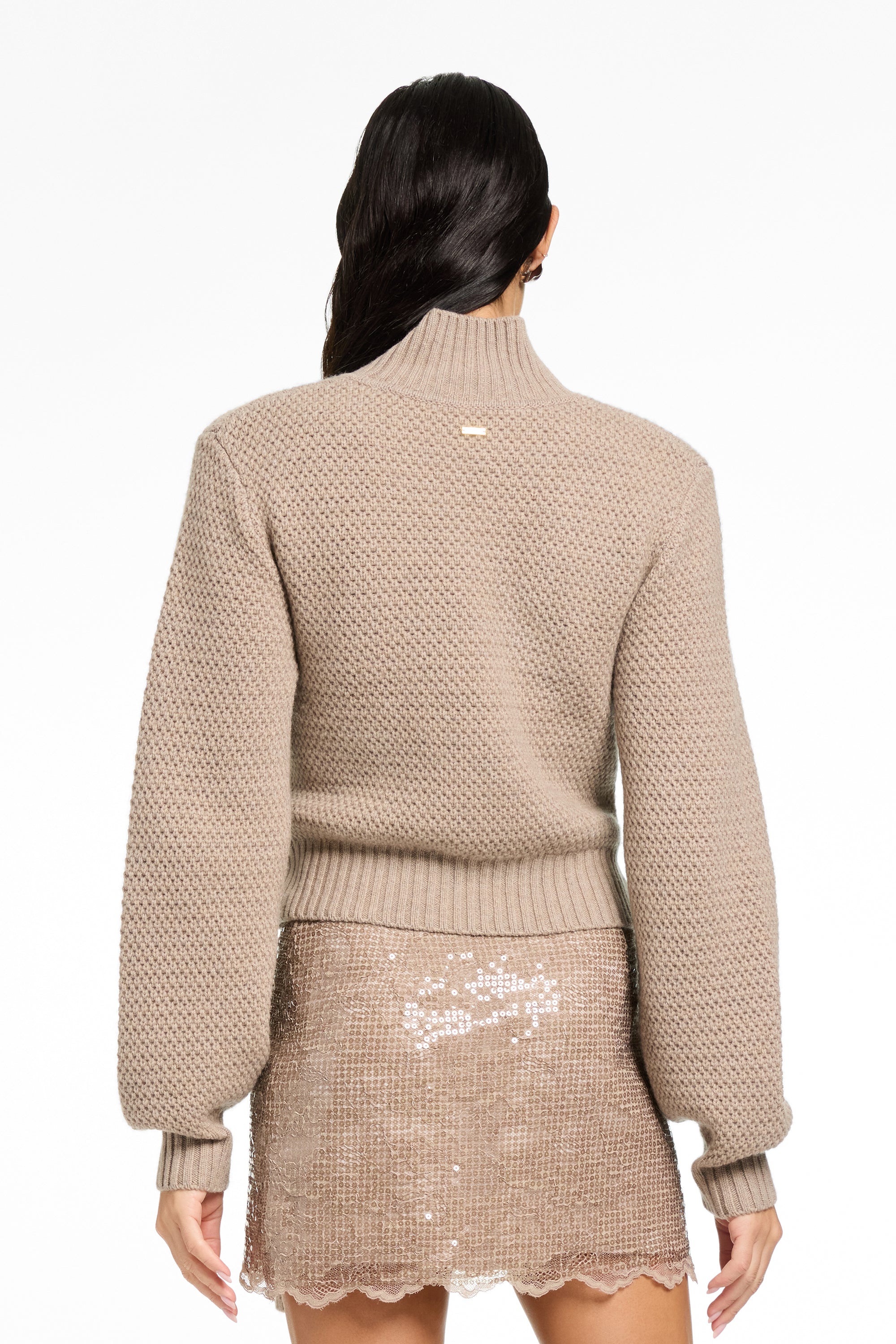 CASHMERE BLEND MOCK NECK TIE FRONT PULLOVER SWEATER WITH PUFFED SLEEVES - Toccin