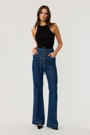 Birkin High-Waisted Lace Up Flared Jeans